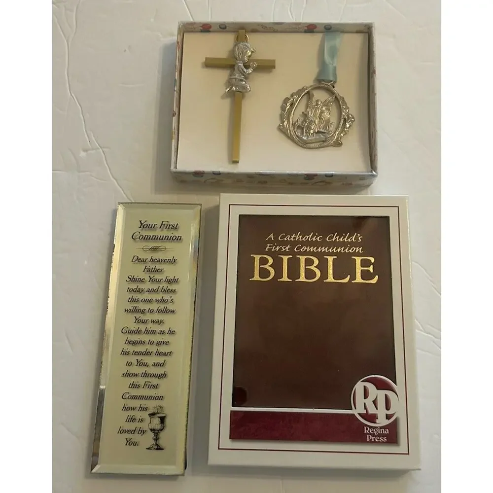 Catholic Child's Boy First Communion Bible & Ornaments In Gift Box Prayer Frame